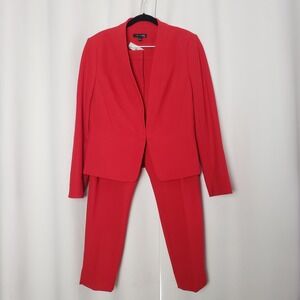 Ann Taylor Women Very Red 2 Piece Pant Suit Set Collarless Blazer Slim Pants 14